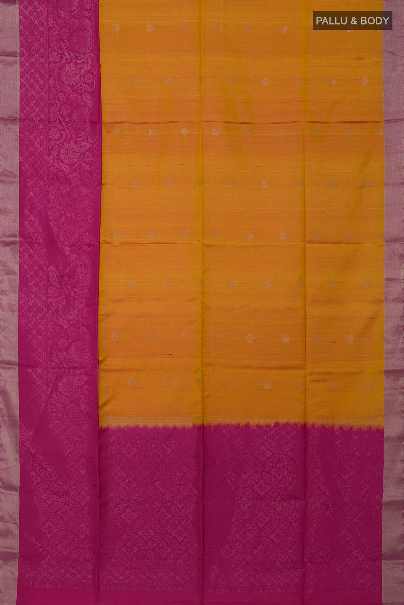 Flat view of Yellow Soft Silk Saree with Zari Butta on the body and Fancy Border. 