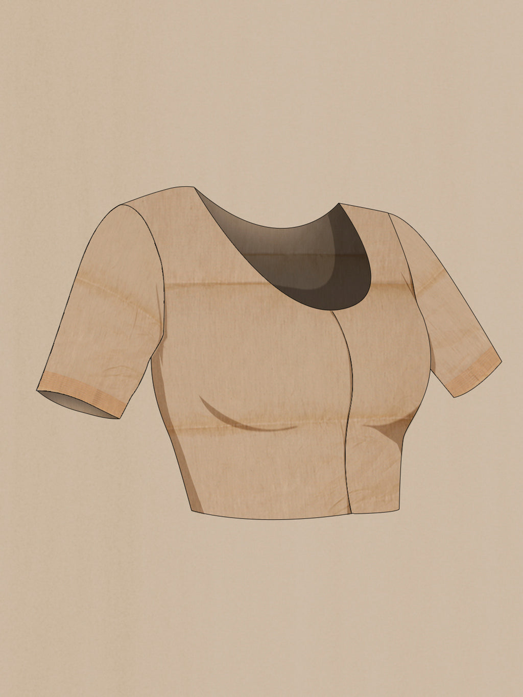 Close up image of the blouse of Beige Soft Silk Saree with Zari Butta on the body and Thin Zari Line. 