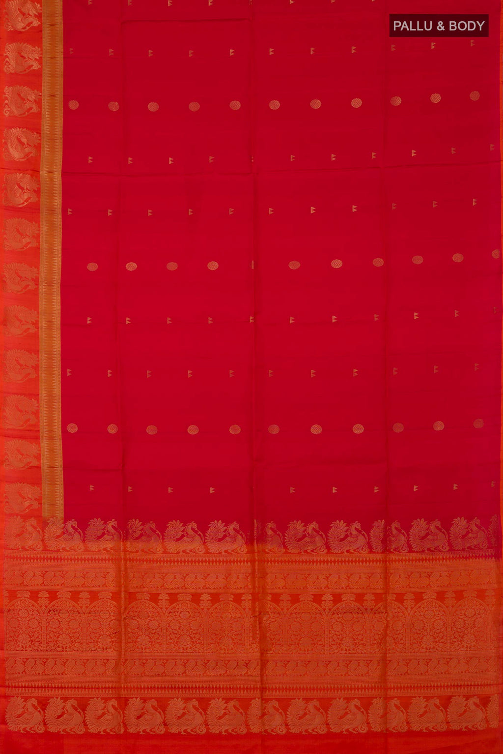 Flat view of Red Soft Silk Saree with Zari Butta on the body and Fancy Border. 