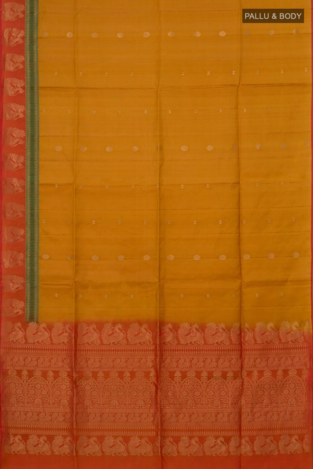 Flat view of Mustard Soft Silk Saree with Zari Butta on the body and Fancy Border. 