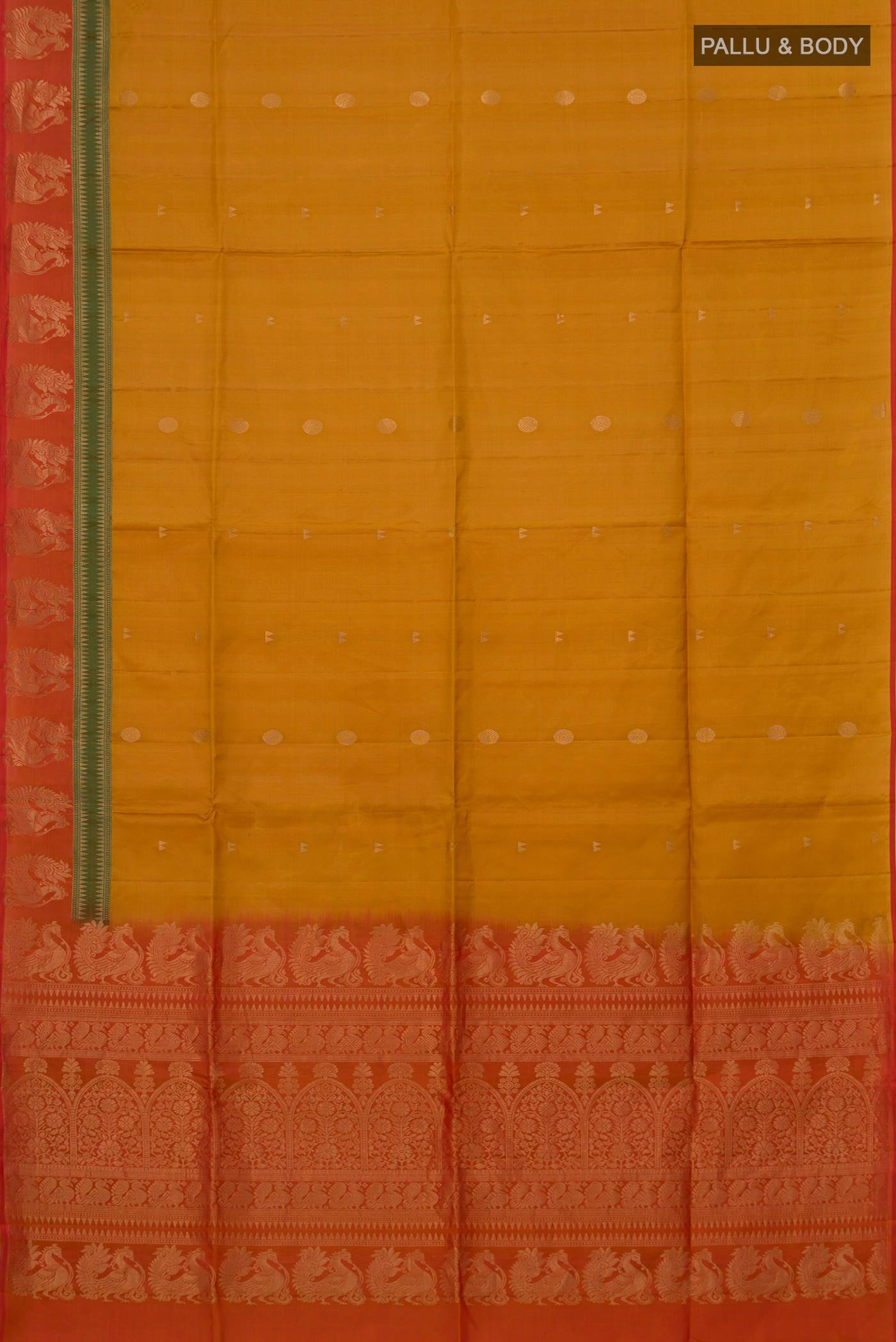 Flat view of Mustard Soft Silk Saree with Zari Butta on the body and Fancy Border. 