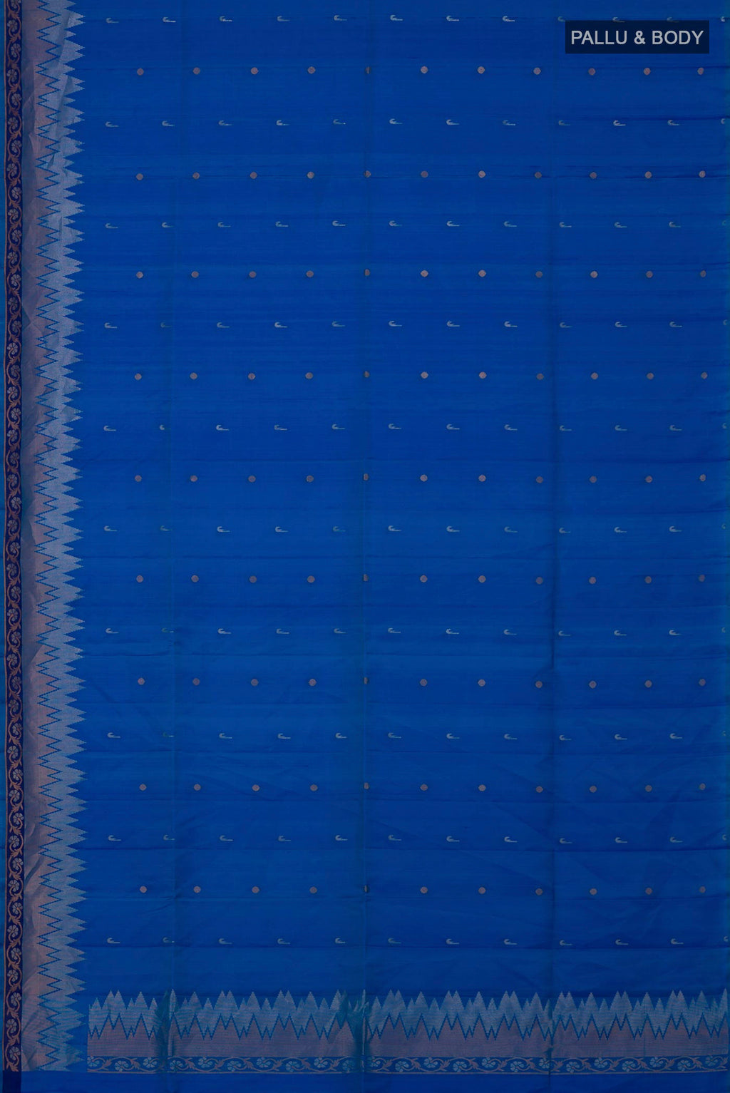 Flat view of Blue Soft Silk Saree with Zari Butta on the body and Fancy Border. 