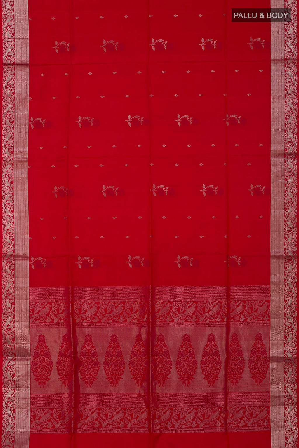 Flat view of Red Soft Silk Saree with Zari Butta on the body and Zari Border. 