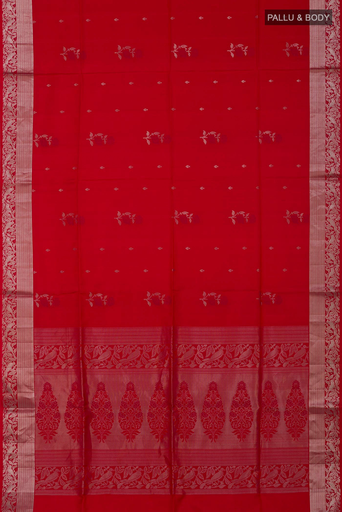 Flat view of Red Soft Silk Saree with Zari Butta on the body and Zari Border. 