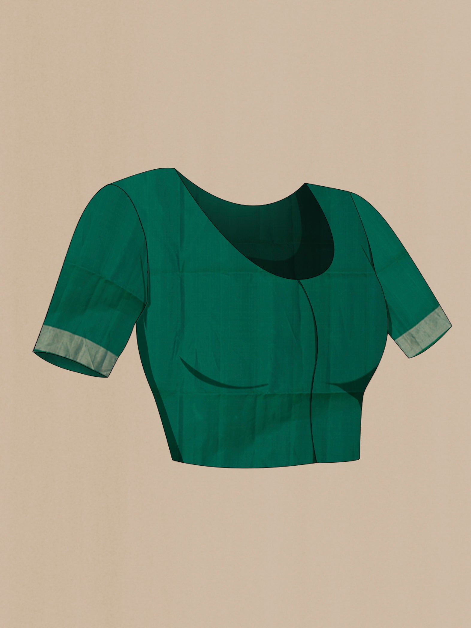 Close up image of the blouse of Green Soft Silk Saree with Zari Butta on the body and Zari Border. 