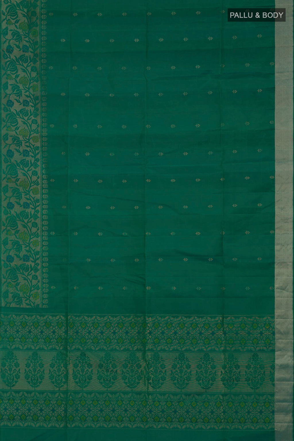Flat view of Green Soft Silk Saree with Zari Butta on the body and Zari Border. 