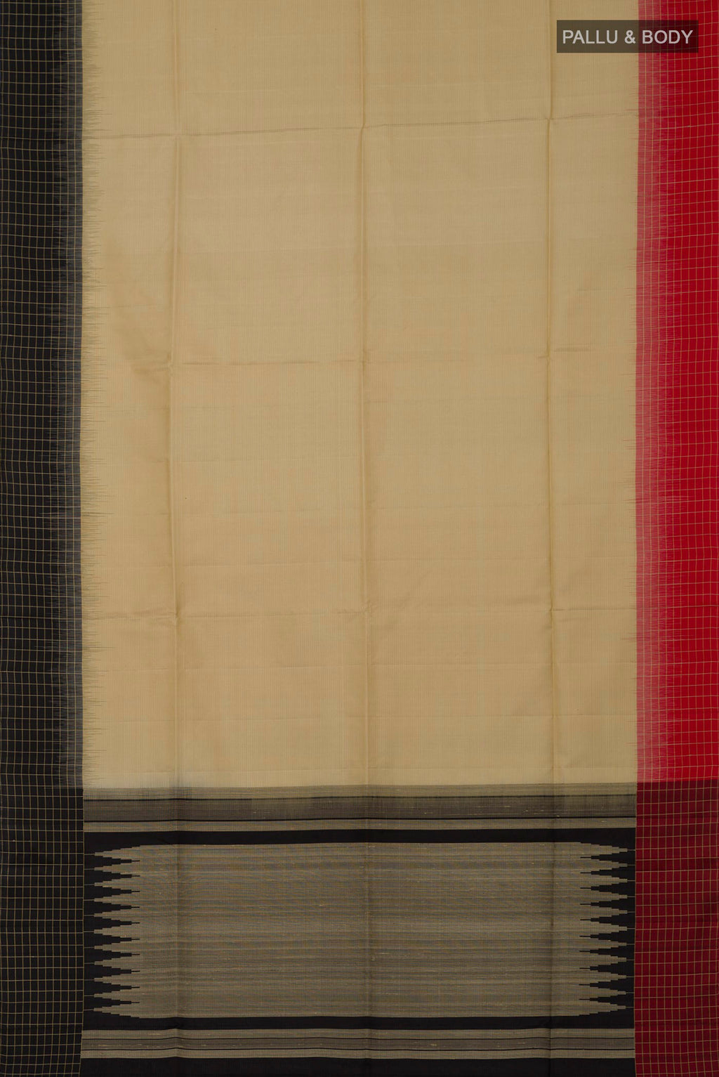 Flat view of Cream Soft Silk Saree with Plain Body and Ganga Jamuna Border. 