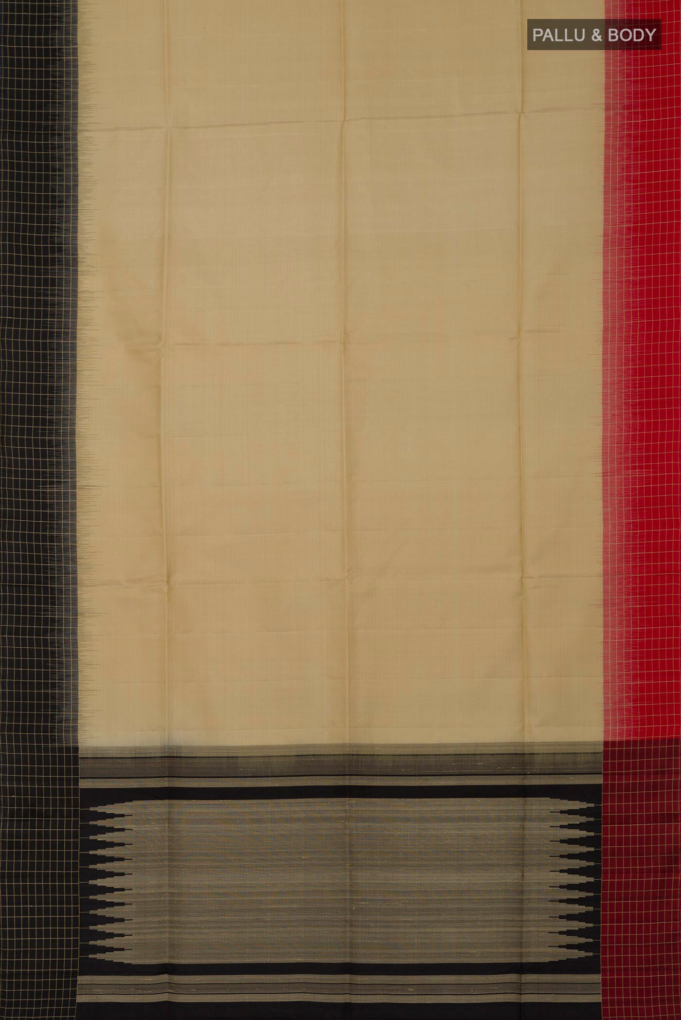 Flat view of Cream Soft Silk Saree with Plain Body and Ganga Jamuna Border. 