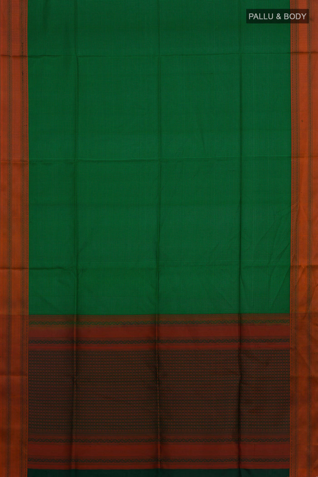 Flat view of Pure Silk Green Soft Saree with Checked design on the body and Thread Border. 