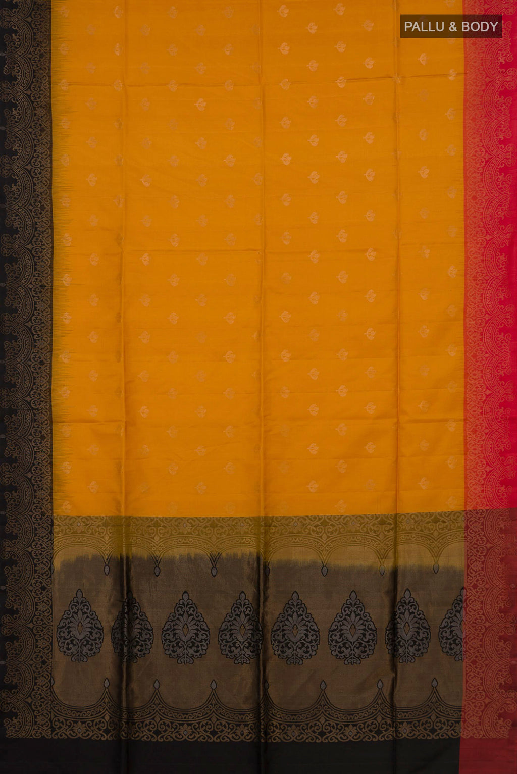 Flat view of Pure Silk Yellow Soft Saree with Zari Butta on the body and Ganga Jamuna Border. 