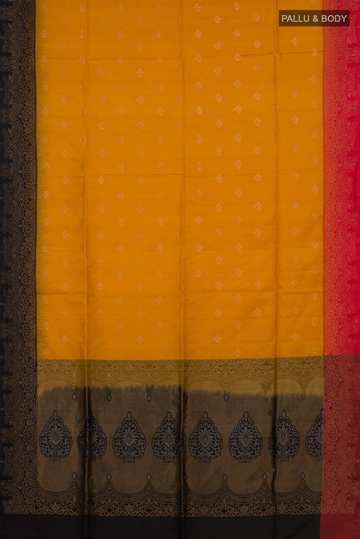 Flat view of Pure Silk Yellow Soft Saree with Zari Butta on the body and Ganga Jamuna Border. 