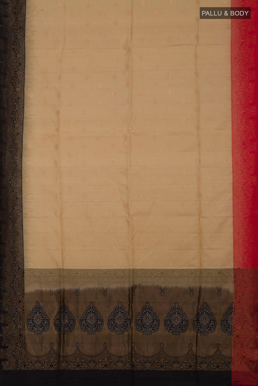 Flat view of Beige Soft Silk Saree with Zari Butta on the body and Fancy Border. 
