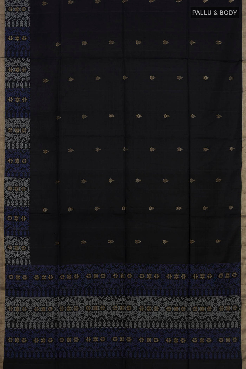 Flat view of Pure Silk Black Soft Saree with Zari Butta on the body and Fancy Border. 