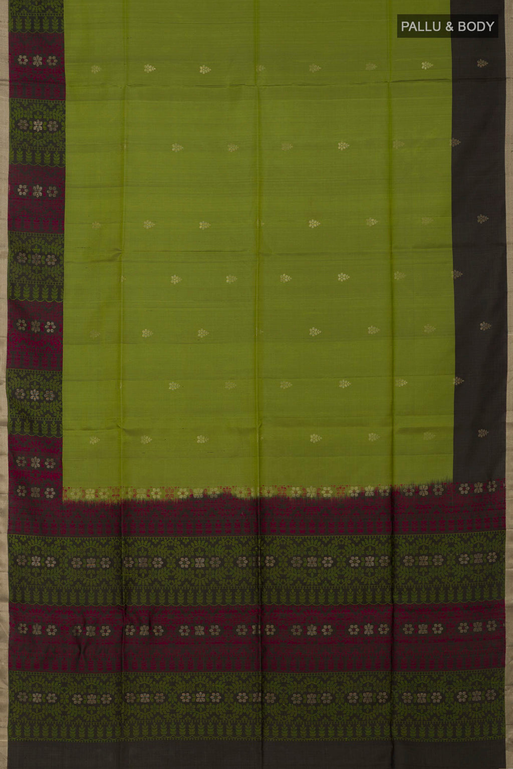 Flat view of Light Green Soft Silk Saree with Zari Butta on the body and Thread Border. 