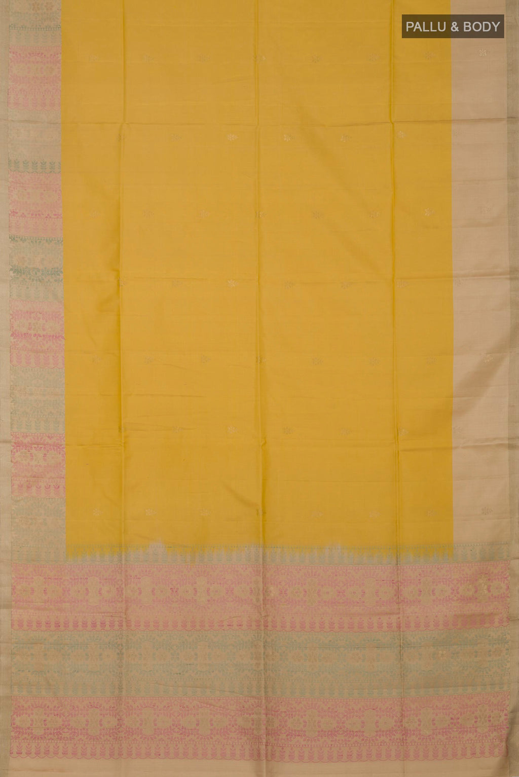 Flat view of Yellow Soft Silk Saree with Zari Butta on the body and Zari Border. 