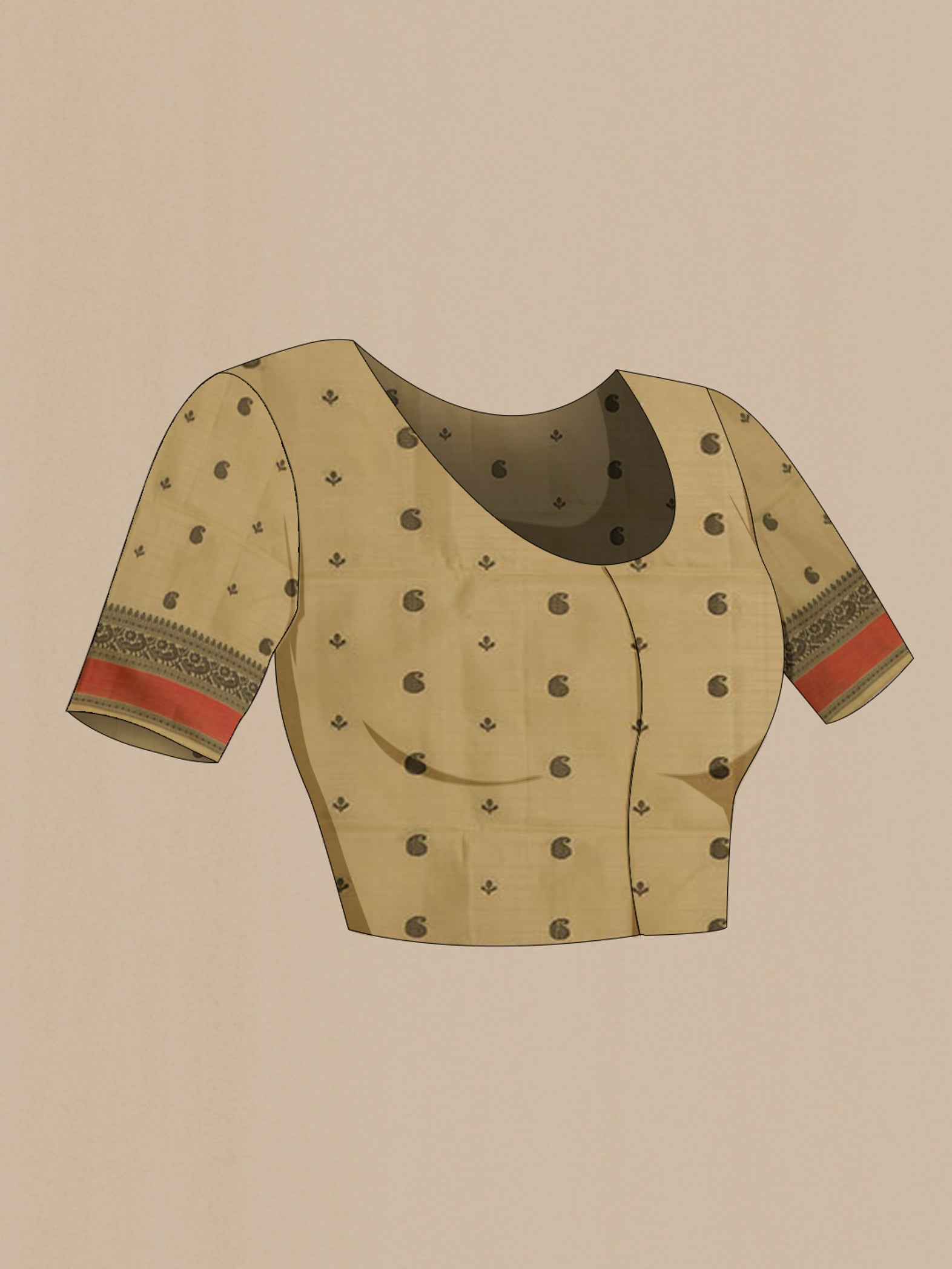 Close up image of the blouse of Cream Soft Silk Saree with Stripes on the body and Thread Border. 