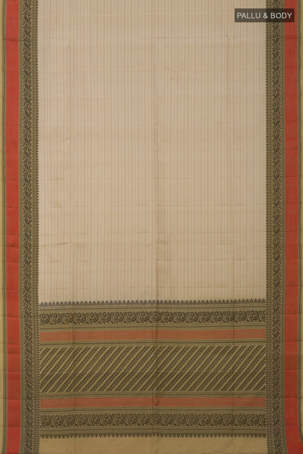 Flat view of Cream Soft Silk Saree with Stripes on the body and Thread Border. 