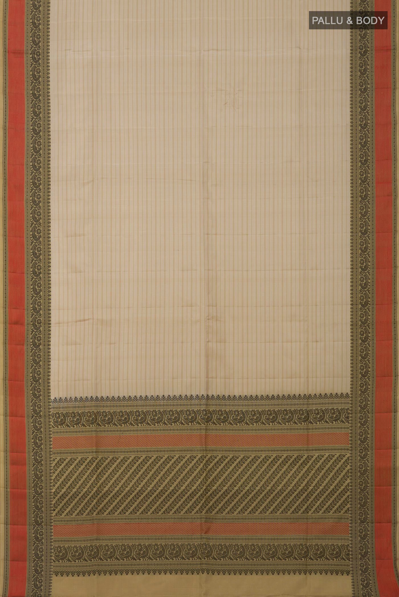 Flat view of Cream Soft Silk Saree with Stripes on the body and Thread Border. 