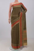 Mehandi Green Soft Silk Saree with Stripes on the body and Thread Border.  displayed on a mannequin