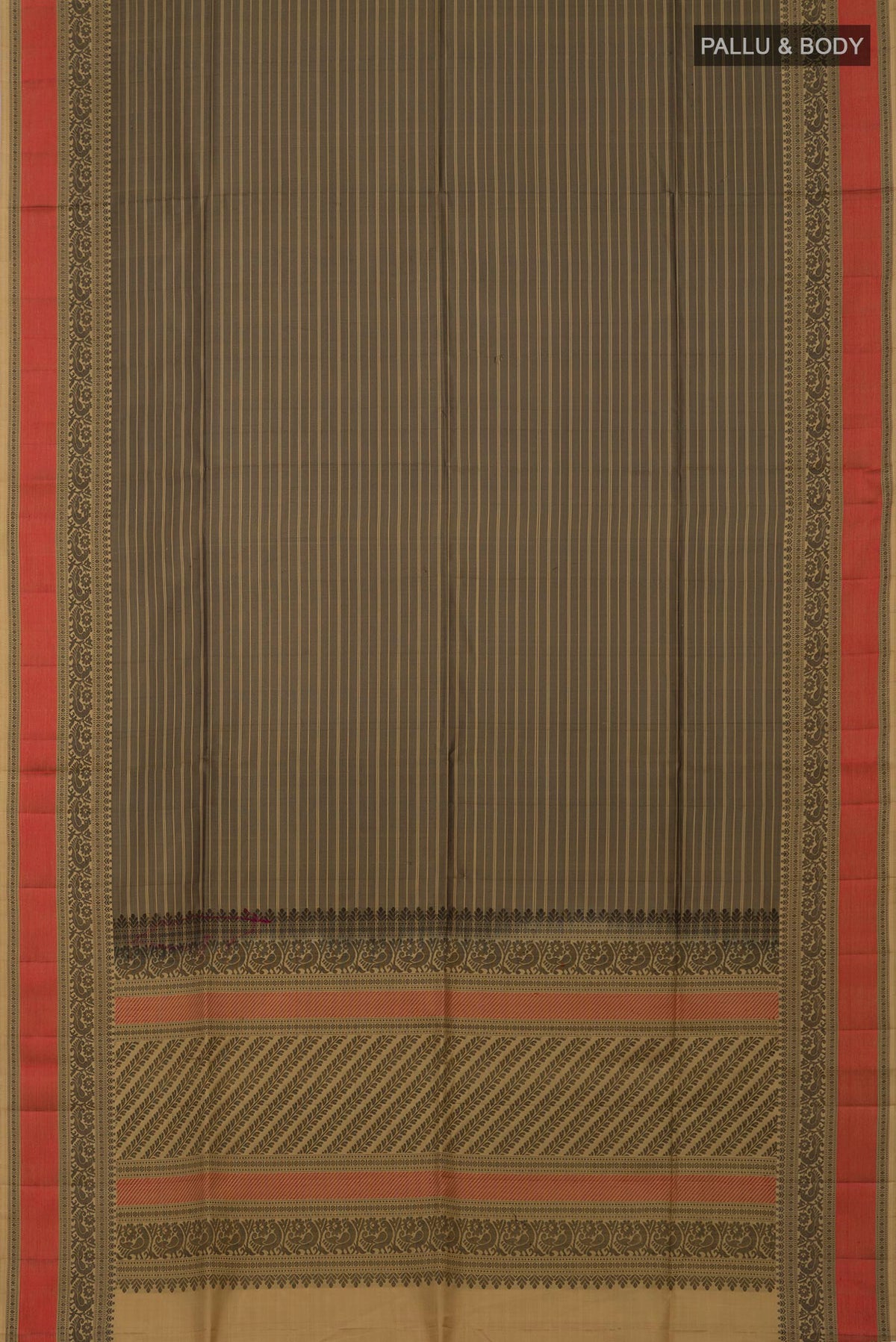 Flat view of Mehandi Green Soft Silk Saree with Stripes on the body and Thread Border. 