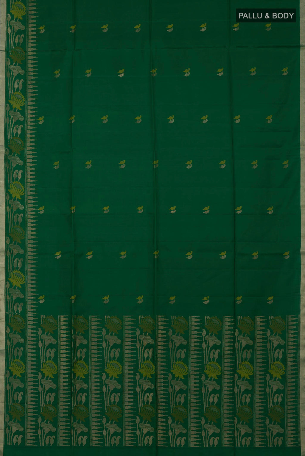 Flat view of Green Soft Silk Saree with Zari And Thread Butta on the body and Thin Zari Line. 