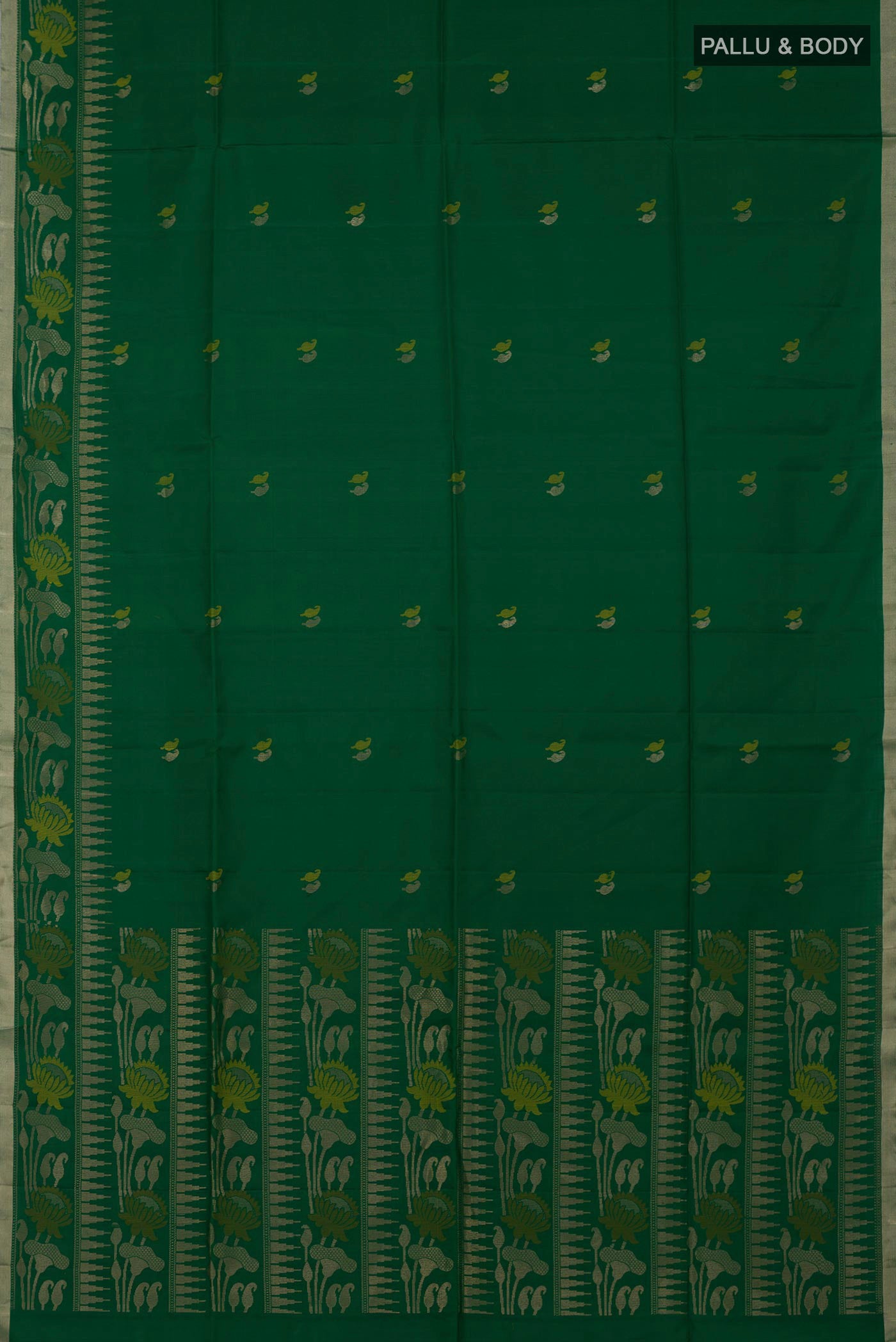 Flat view of Green Soft Silk Saree with Zari And Thread Butta on the body and Thin Zari Line. 