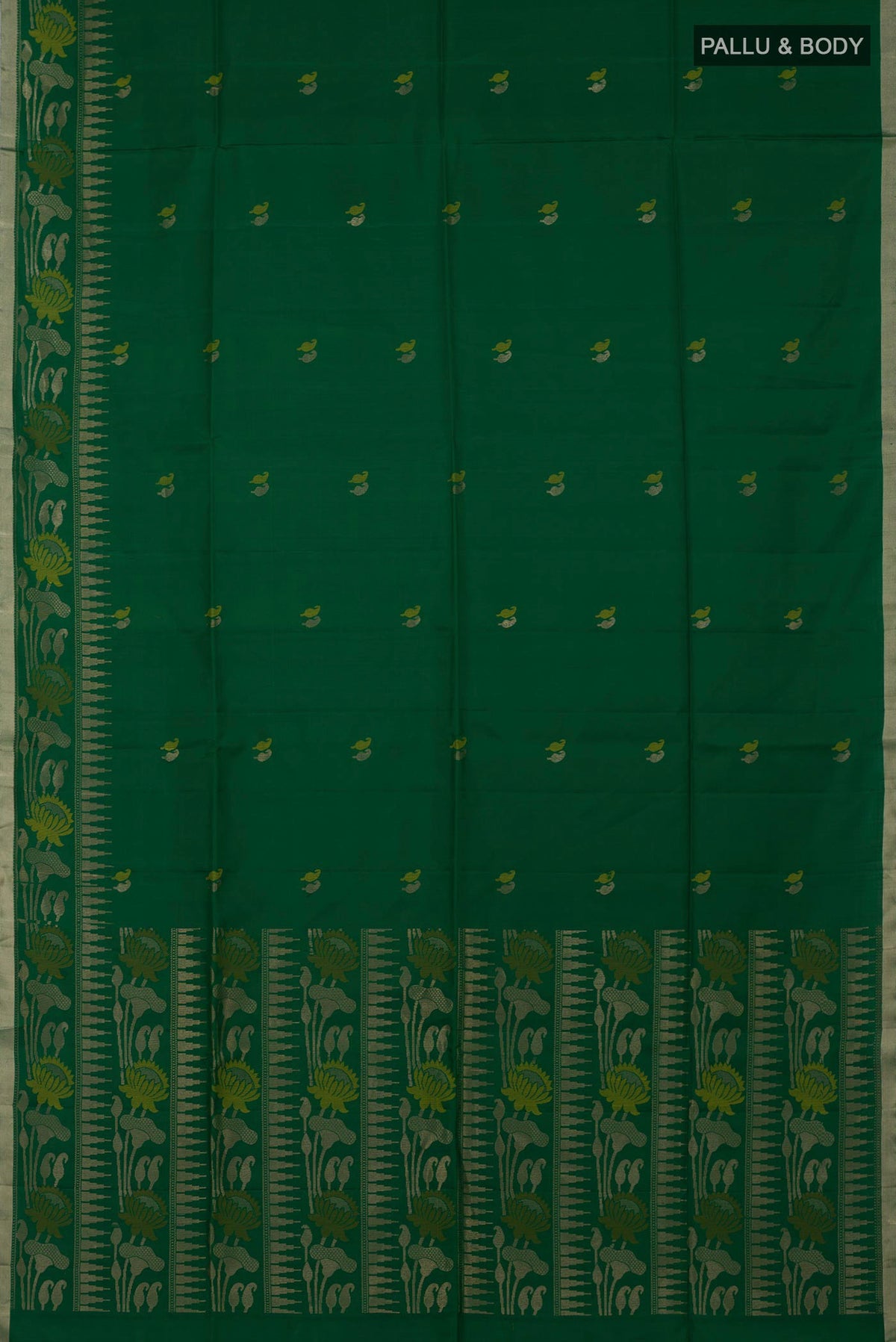 Flat view of Green Soft Silk Saree with Zari And Thread Butta on the body and Thin Zari Line. 