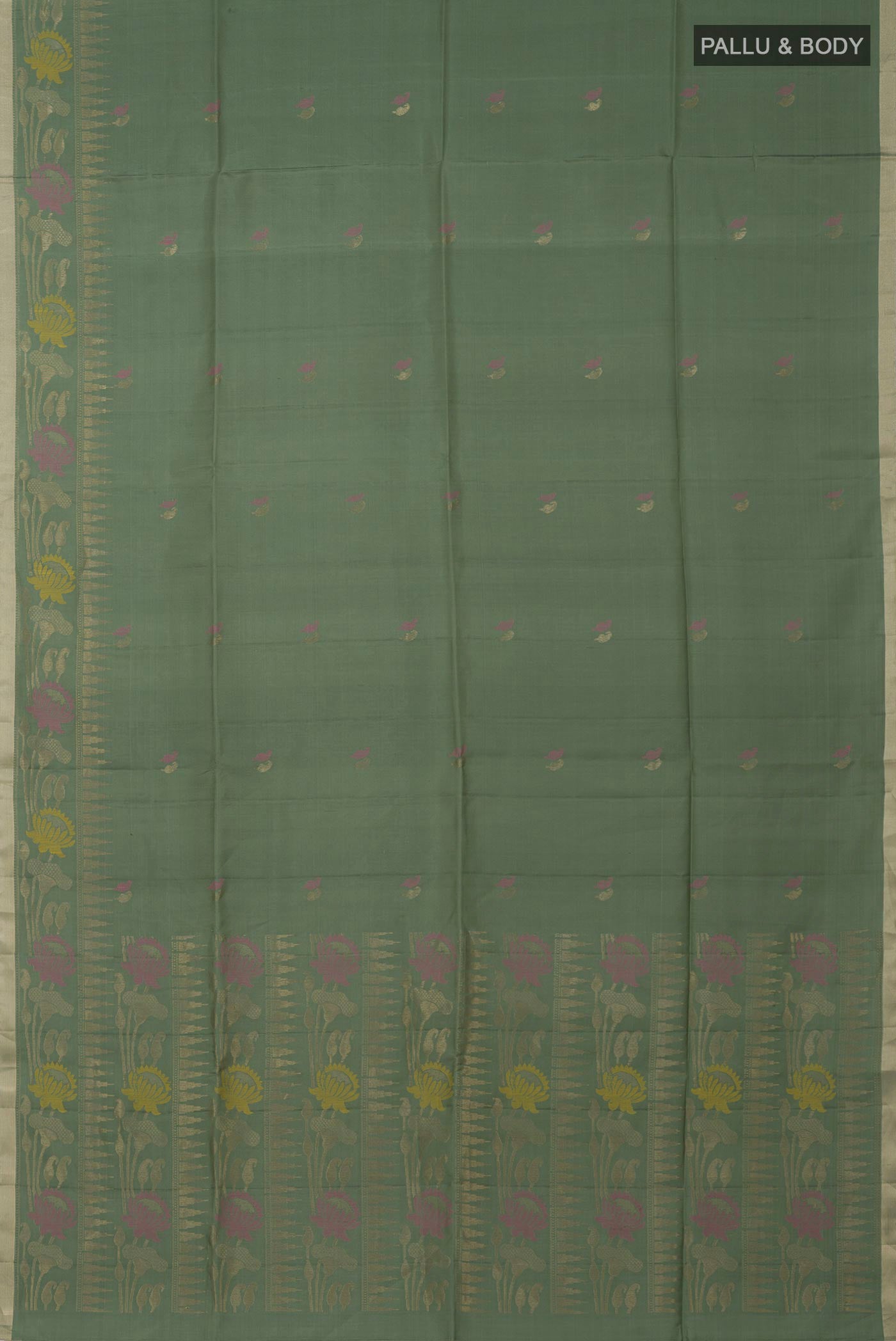 Flat view of Green Soft Silk Saree with Zari And Thread Butta on the body and Fancy Border. 