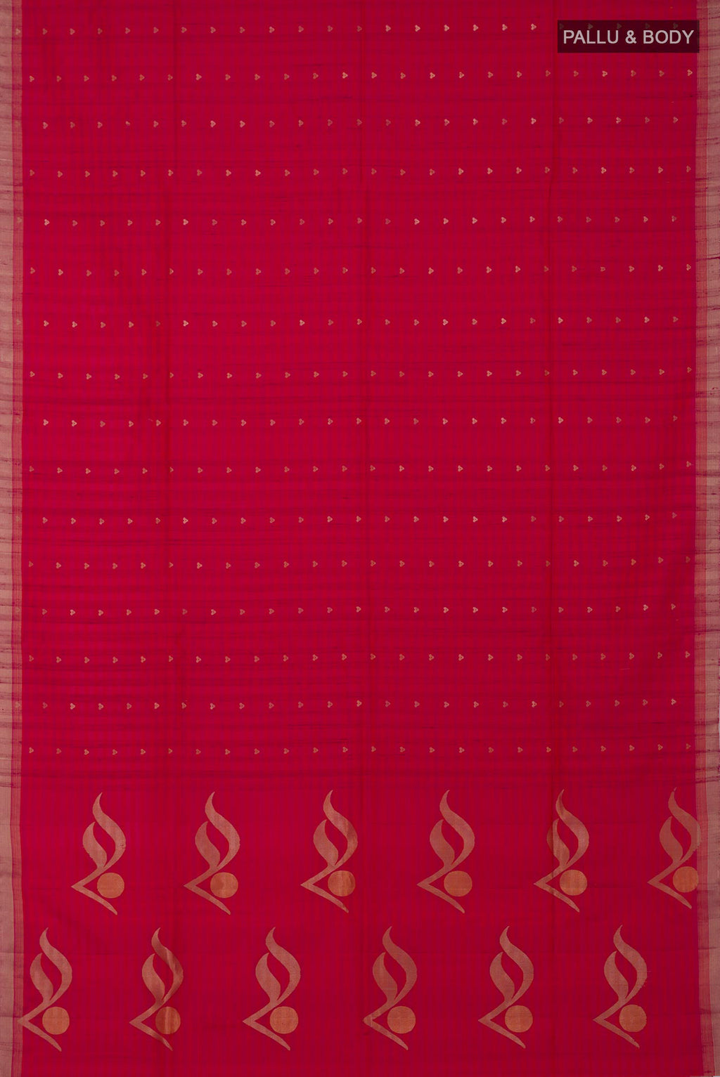 Flat view of Pink Soft Silk Saree with Zari Butta on the body and Thin Zari Line. 