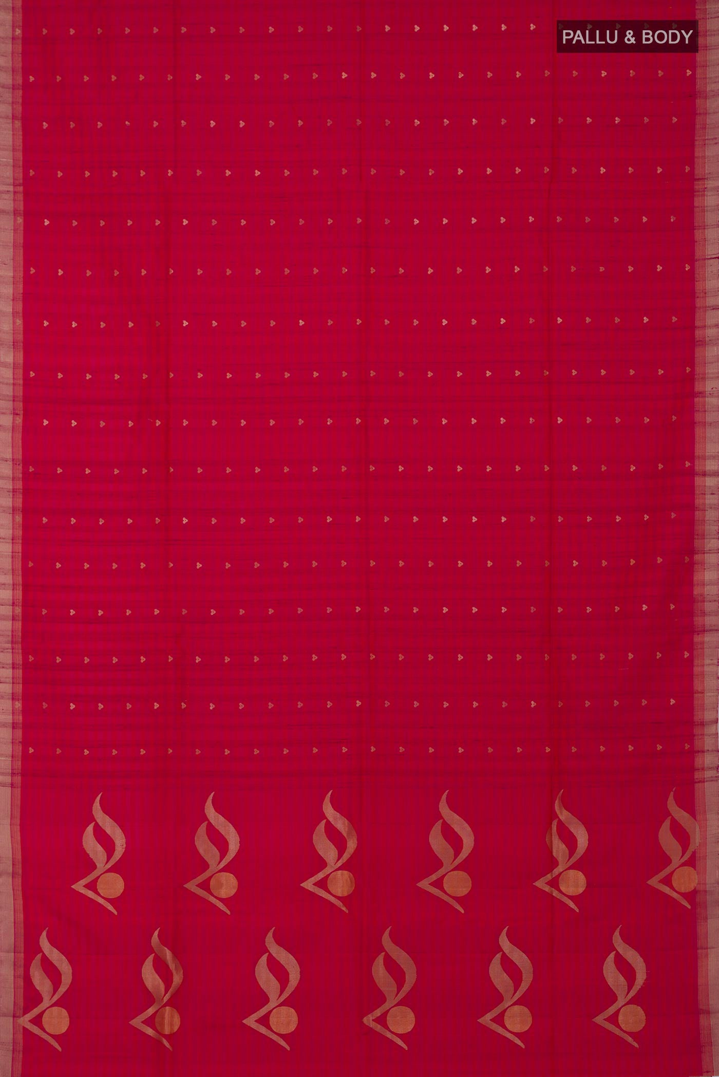 Flat view of Pink Soft Silk Saree with Zari Butta on the body and Thin Zari Line. 