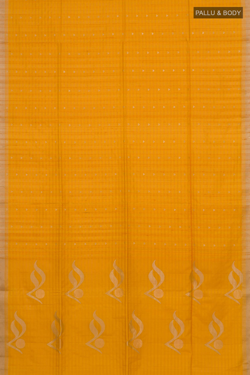 Flat view of Yellow Soft Silk Saree with Fancy on the body and Thin Zari Line. 