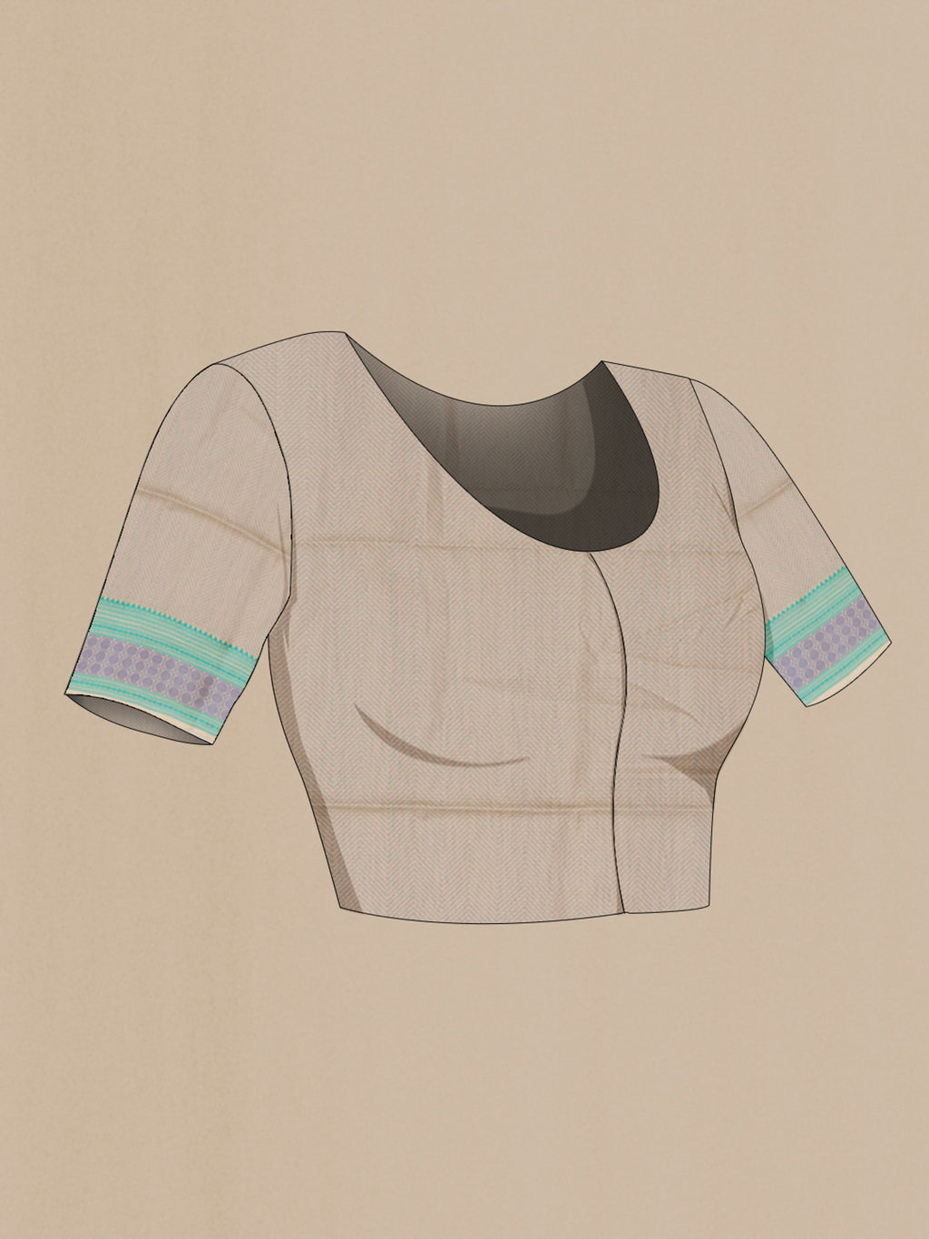 Close up image of the blouse of Pure Silk Grey Soft Saree with Stripes on the body and Thread Border. 