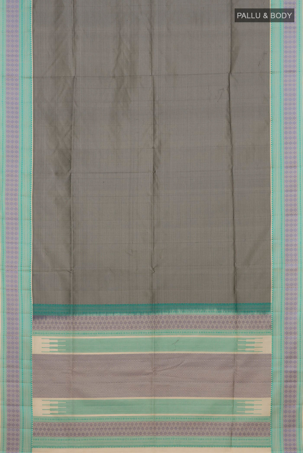 Flat view of Pure Silk Grey Soft Saree with Stripes on the body and Thread Border. 