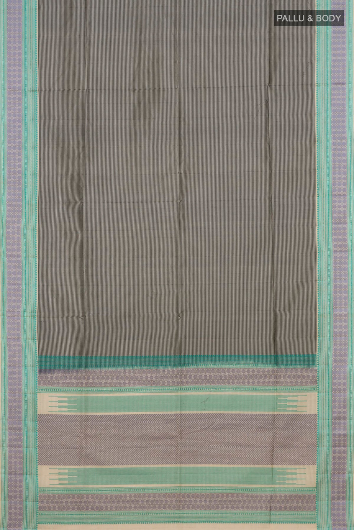 Flat view of Pure Silk Grey Soft Saree with Stripes on the body and Thread Border. 