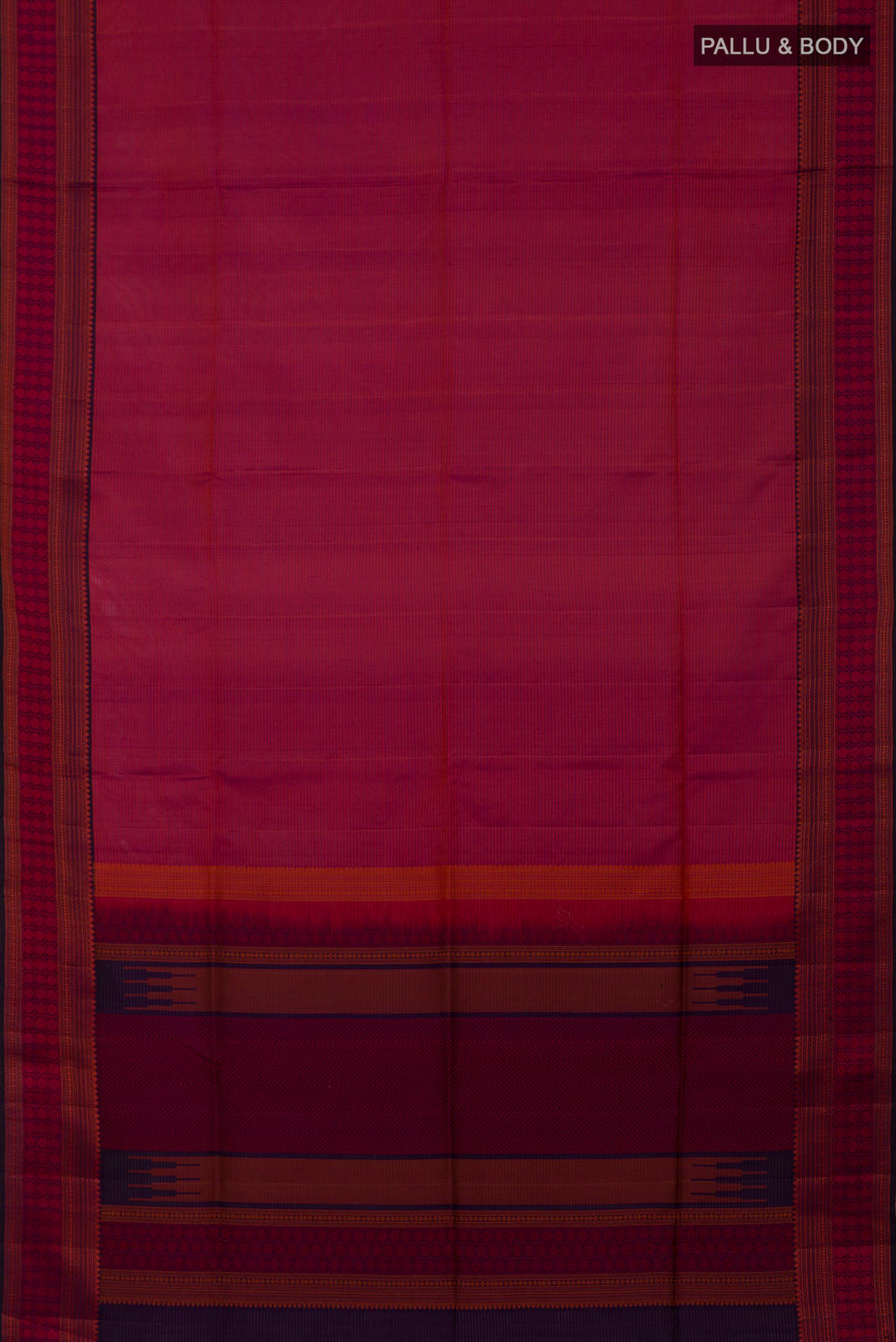 Flat view of Magenta Dual Tone Soft Silk Saree with Stripes on the body and Thread Border. 
