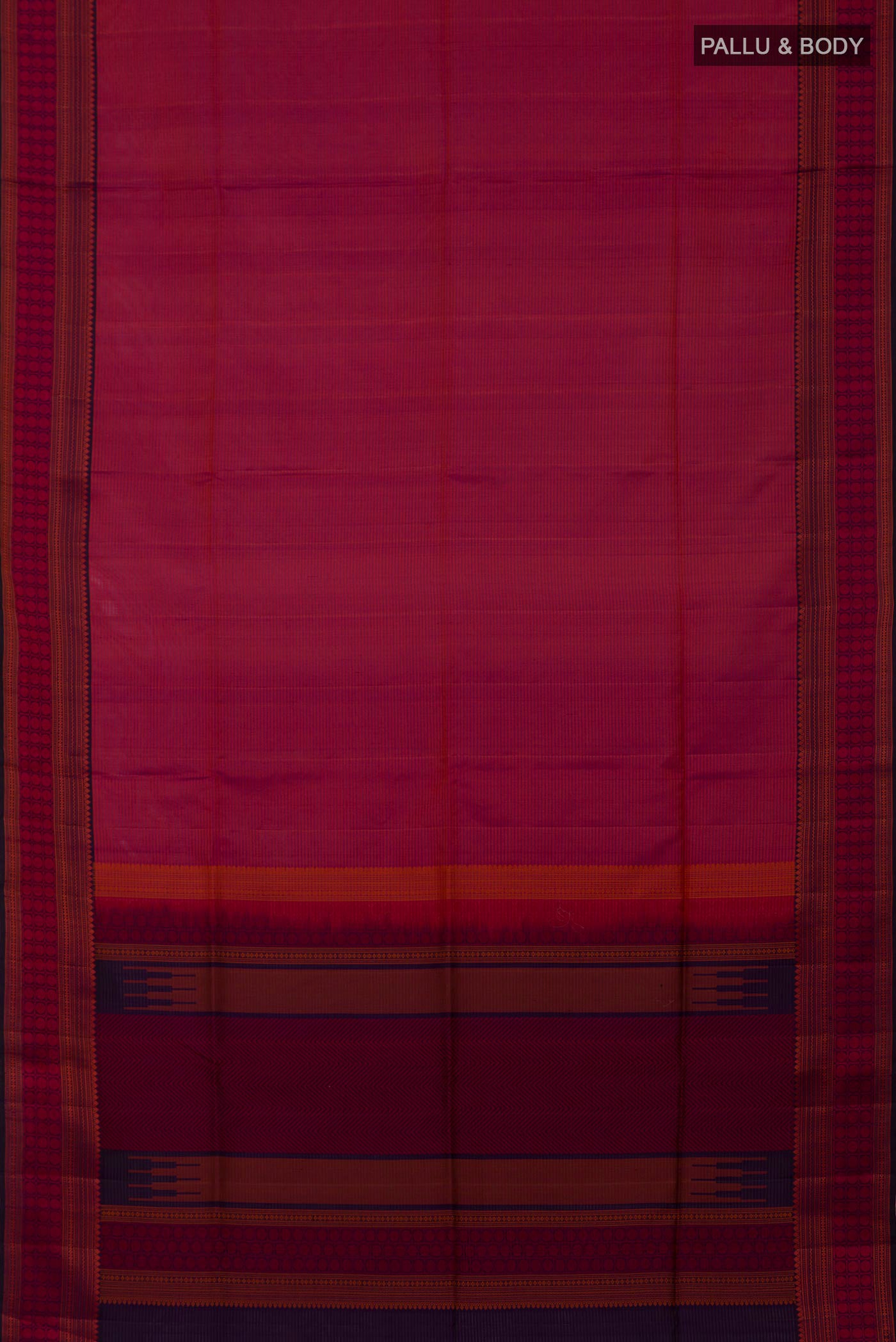 Flat view of Magenta Dual Tone Soft Silk Saree with Stripes on the body and Thread Border. 