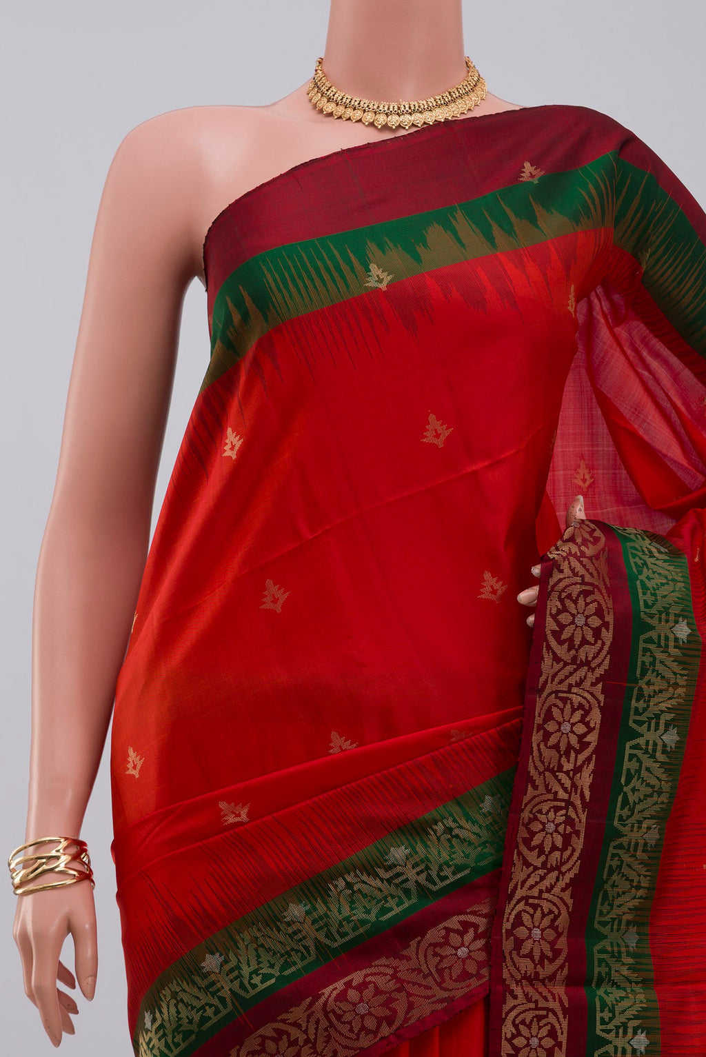 Border image of Red Soft Silk Saree with Zari Butta on the body and Fancy Border. 