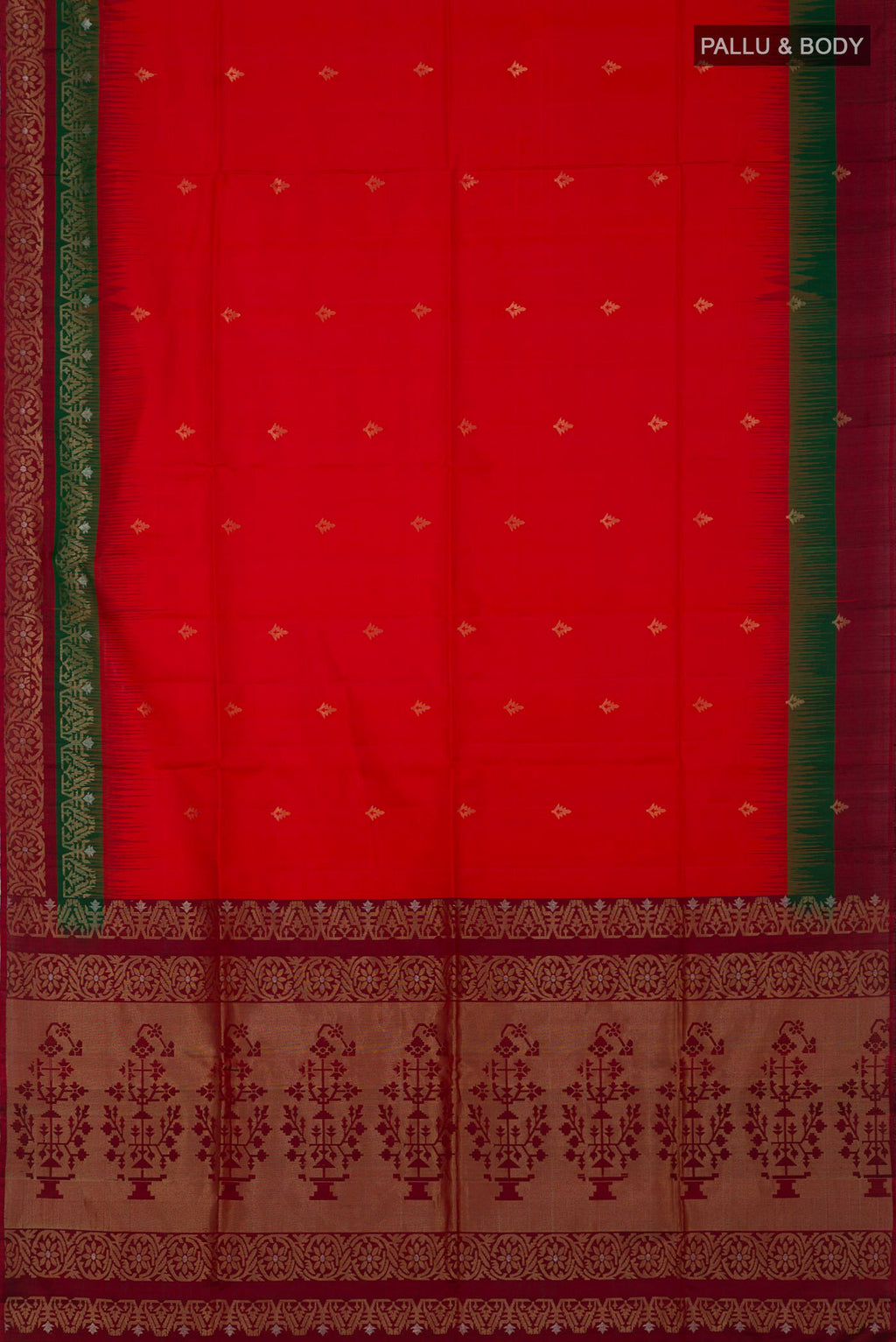 Flat view of Red Soft Silk Saree with Zari Butta on the body and Fancy Border. 