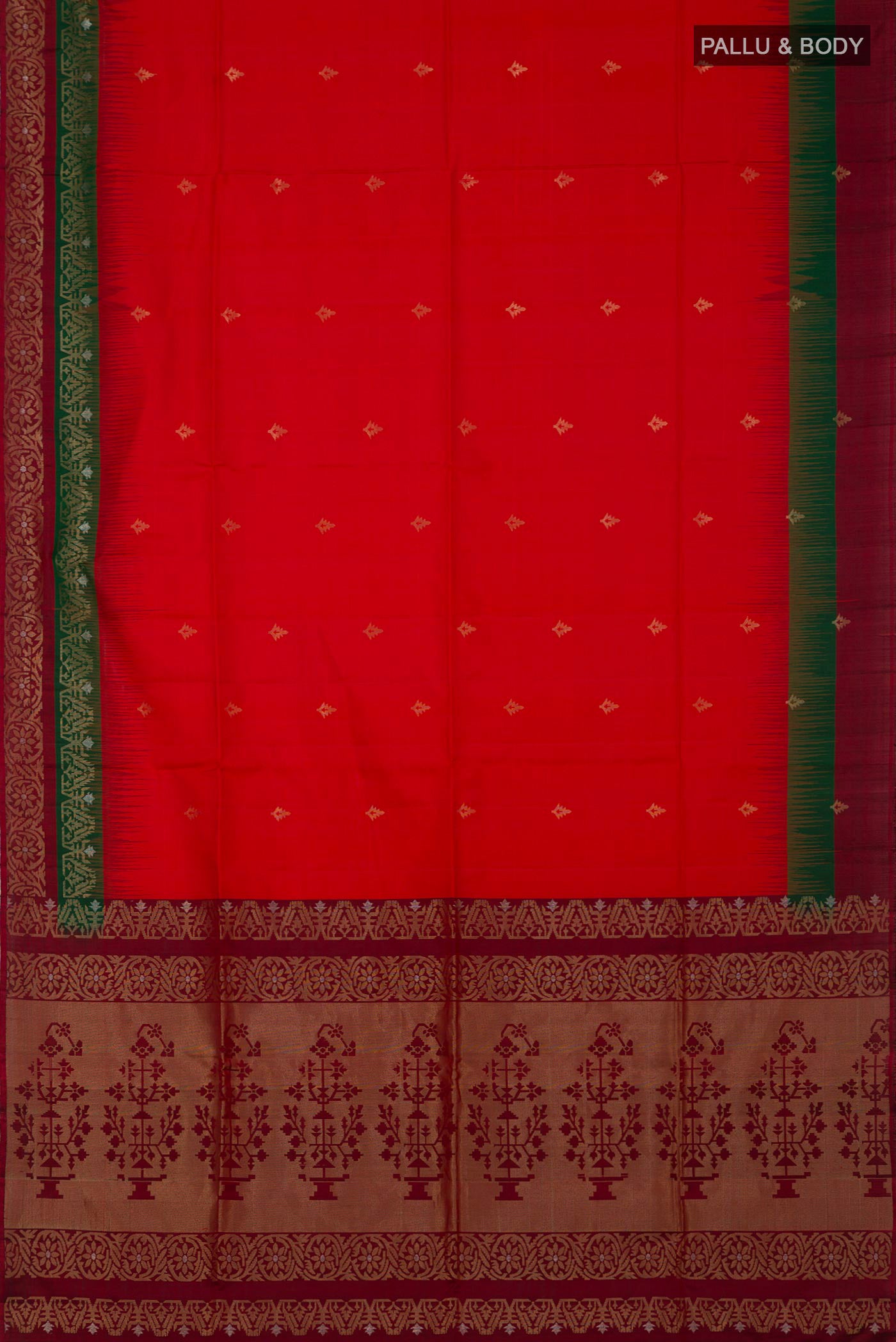 Flat view of Red Soft Silk Saree with Zari Butta on the body and Fancy Border. 