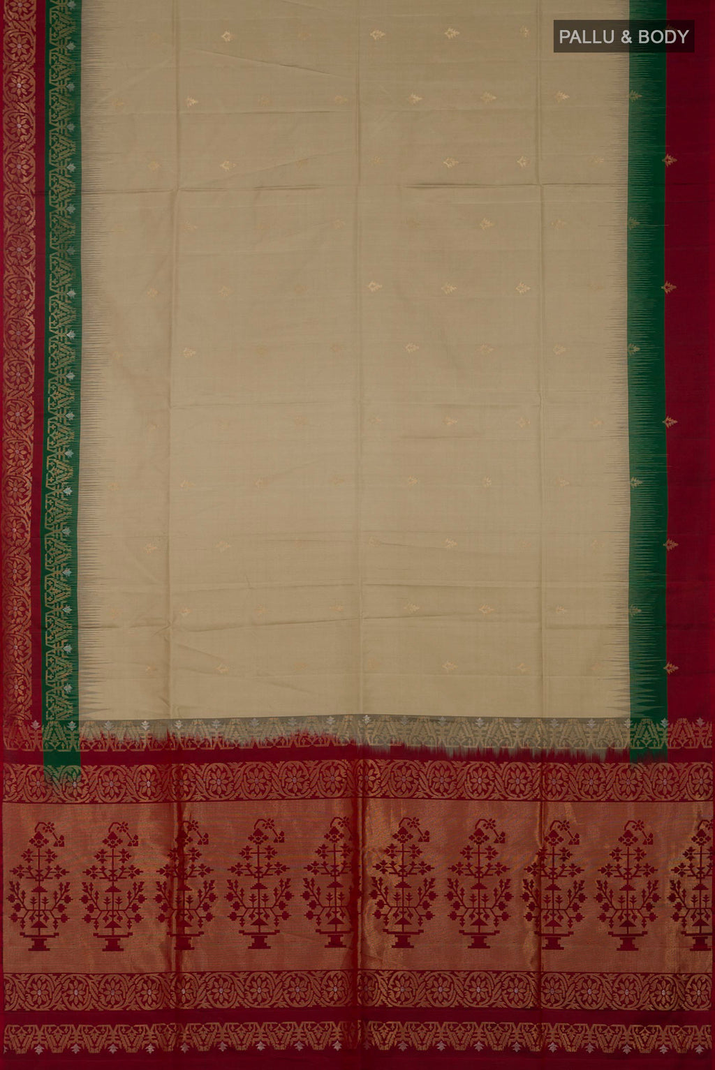 Flat view of Beige Soft Silk Saree with Zari Butta on the body and Fancy Border. 