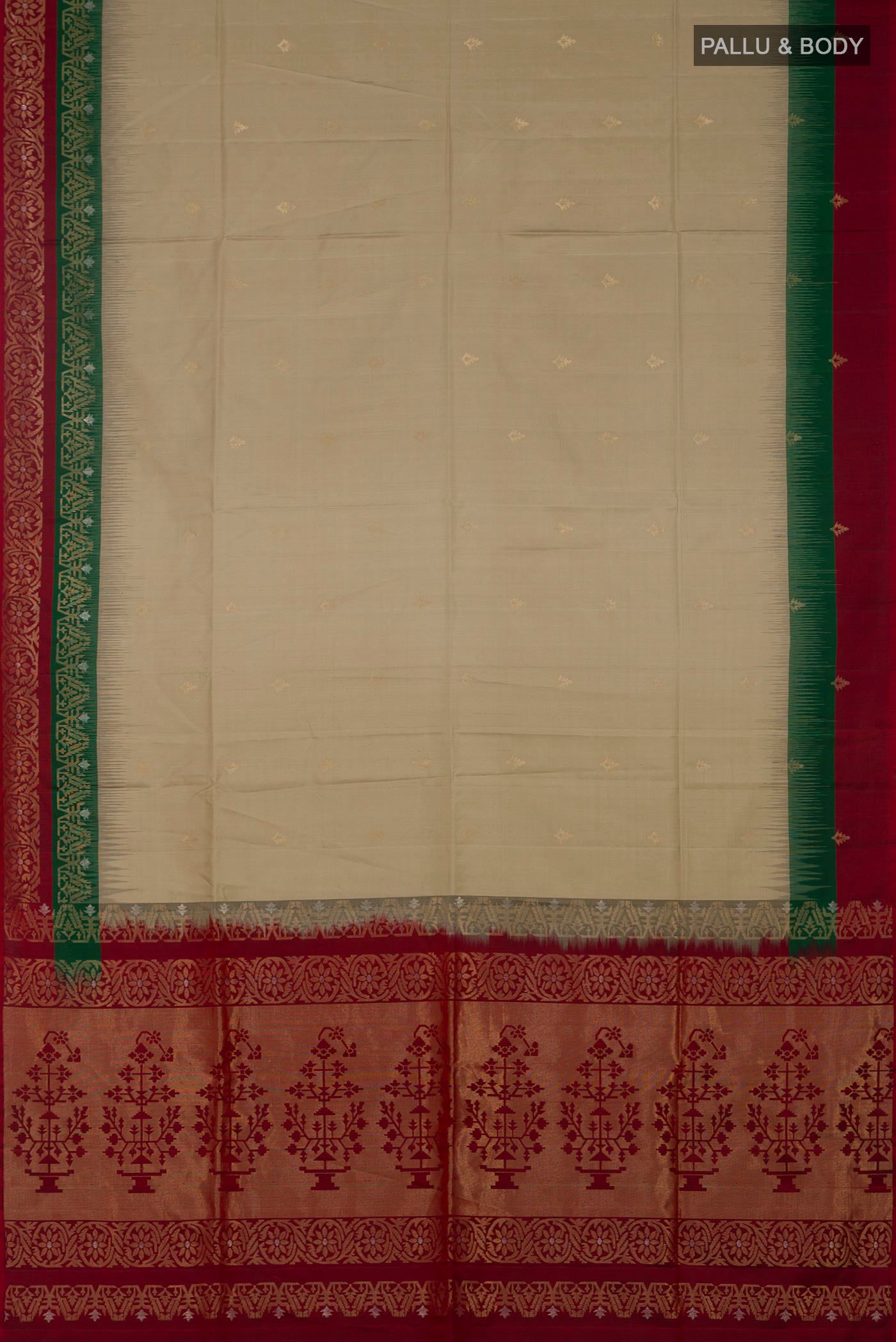 Flat view of Beige Soft Silk Saree with Zari Butta on the body and Fancy Border. 