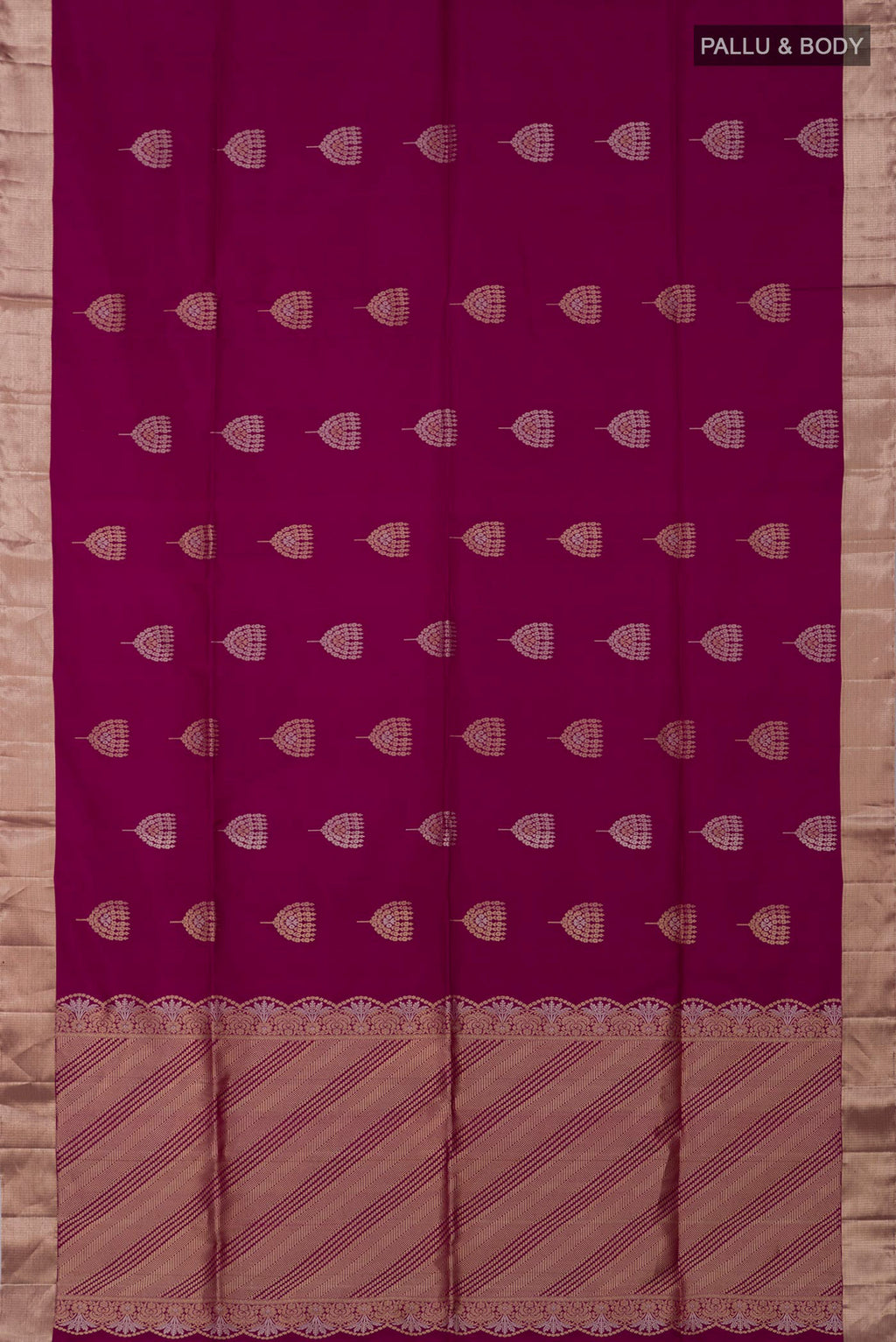 Flat view of Purple Soft Silk Saree with Zari Butta on the body and Zari Border. 