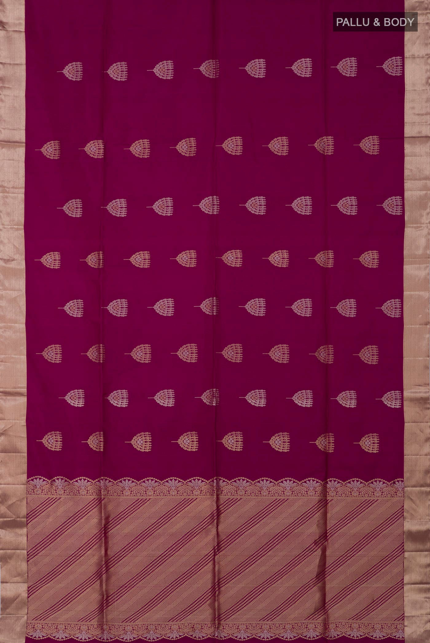 Flat view of Purple Soft Silk Saree with Zari Butta on the body and Zari Border. 