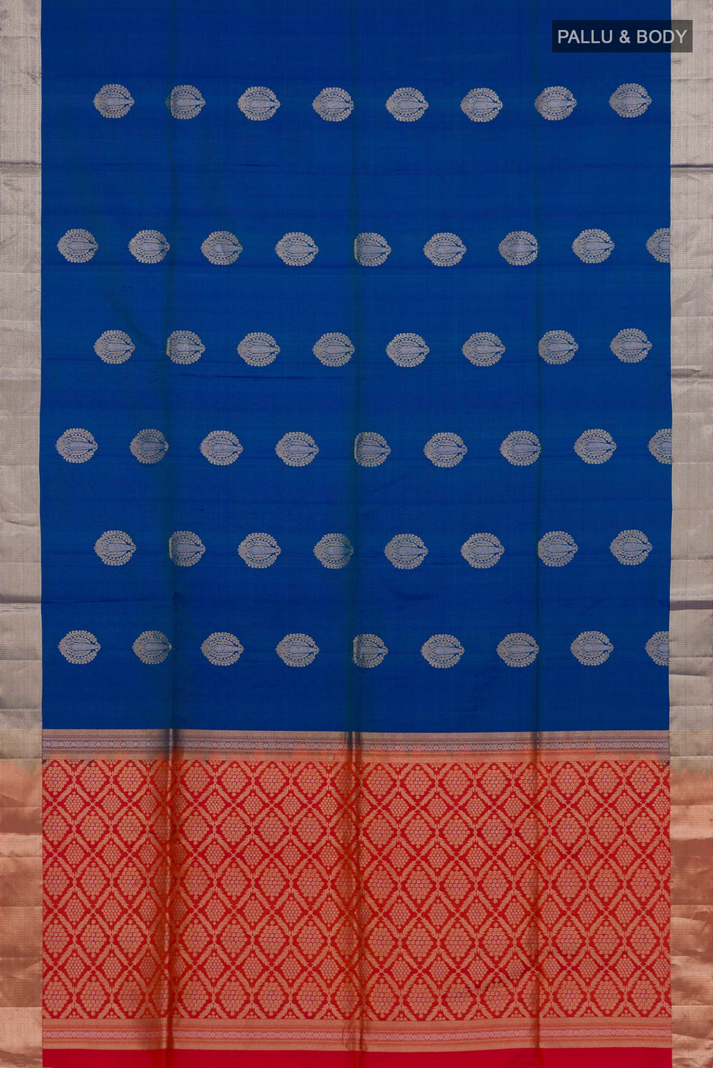 Flat view of Pure Silk Blue Soft Saree with Zari Butta on the body and Zari Border. 