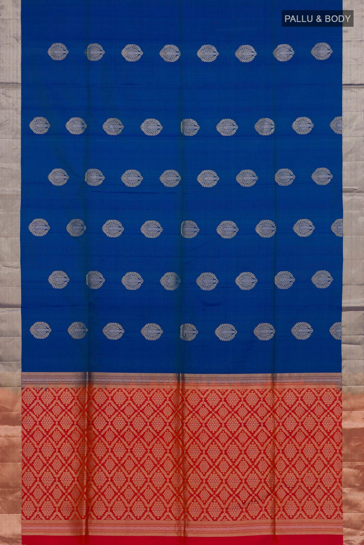 Flat view of Pure Silk Blue Soft Saree with Zari Butta on the body and Zari Border. 