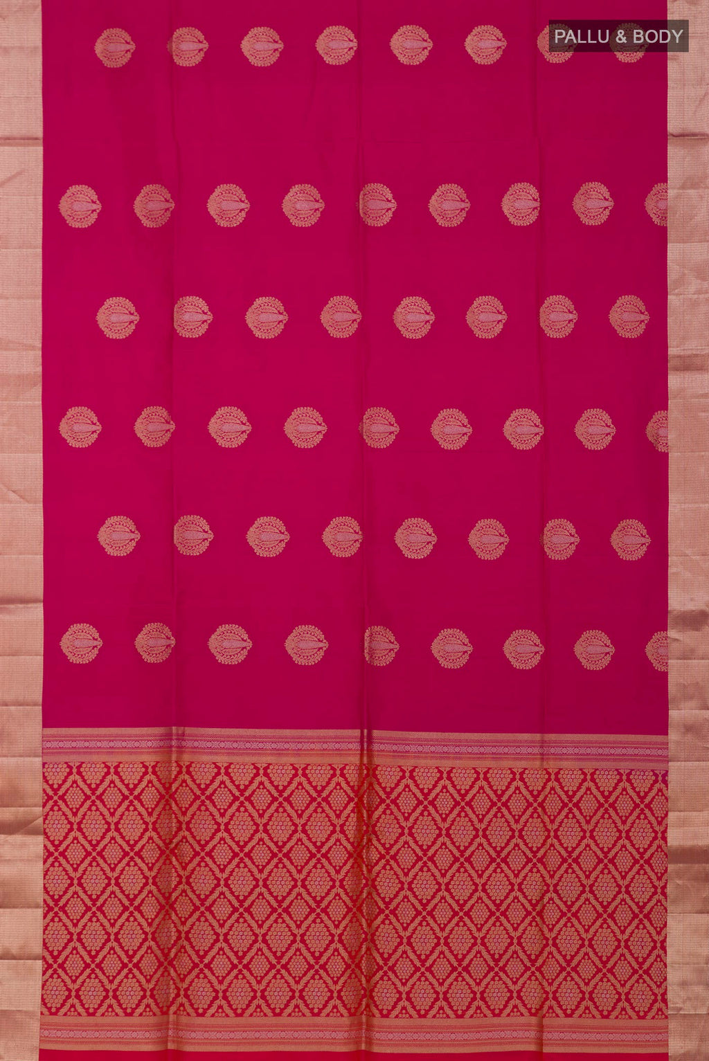 Flat view of Pink Soft Silk Saree with Zari Butta on the body and Zari Border. 
