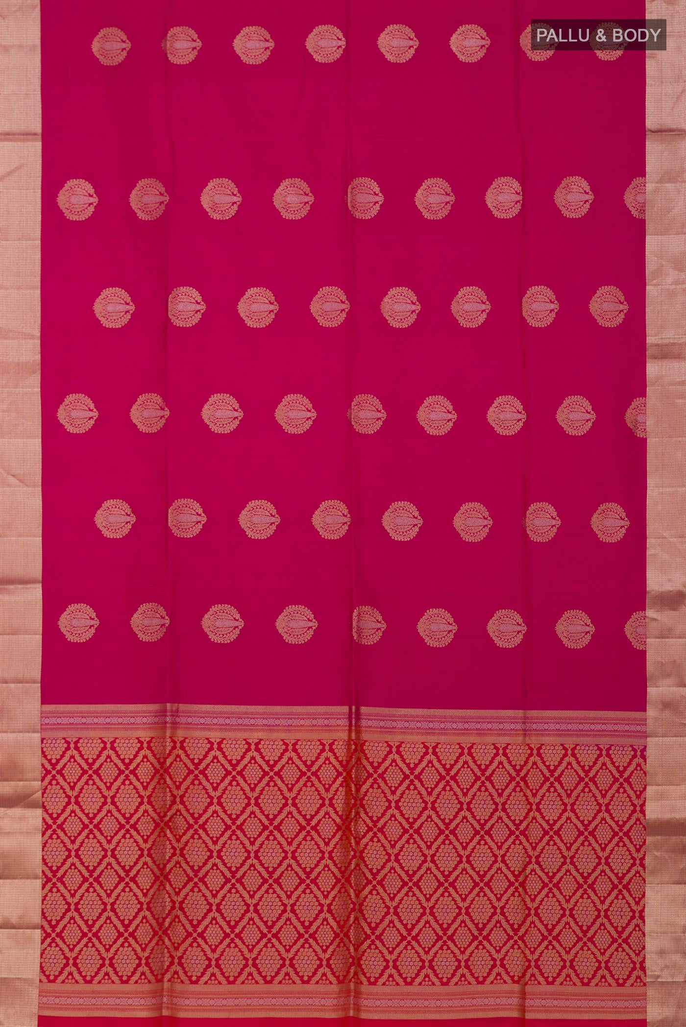 Flat view of Pink Soft Silk Saree with Zari Butta on the body and Zari Border. 