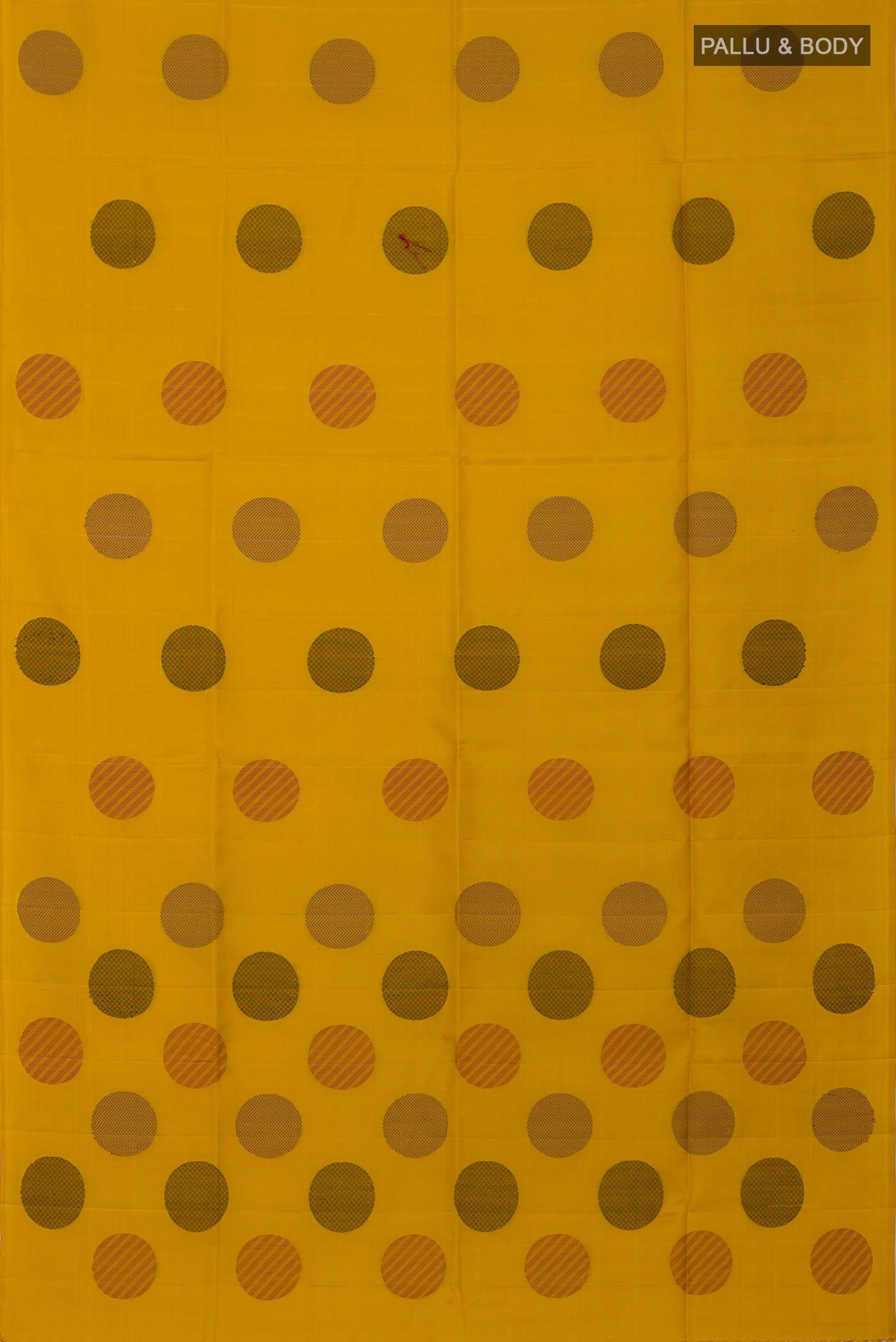 Flat view of Yellow Soft Silk Saree with Thread Butta on the body and Without Border. 