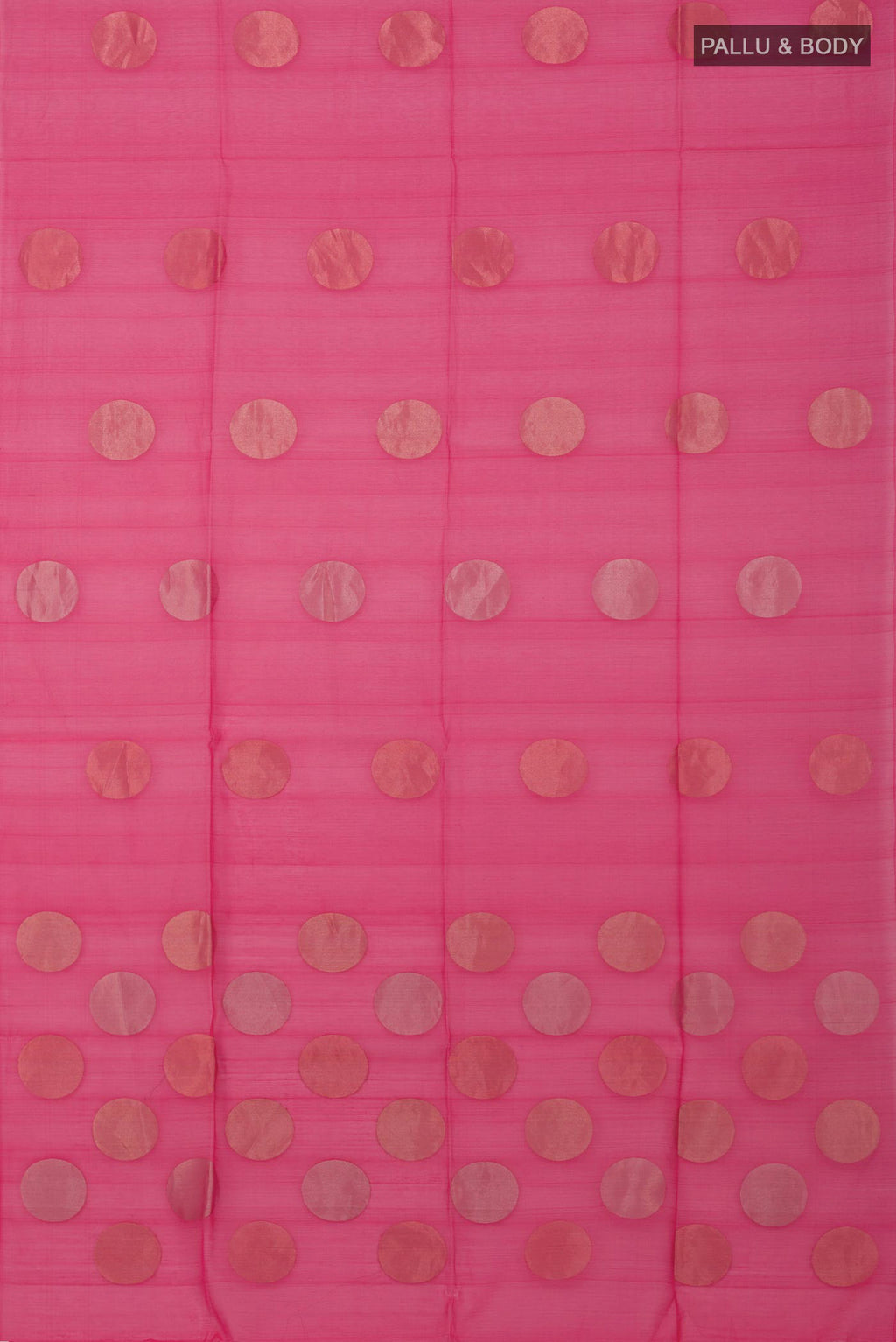 Flat view of Pink Silk Cotton Saree with Zari Butta on the body and Without Border. 