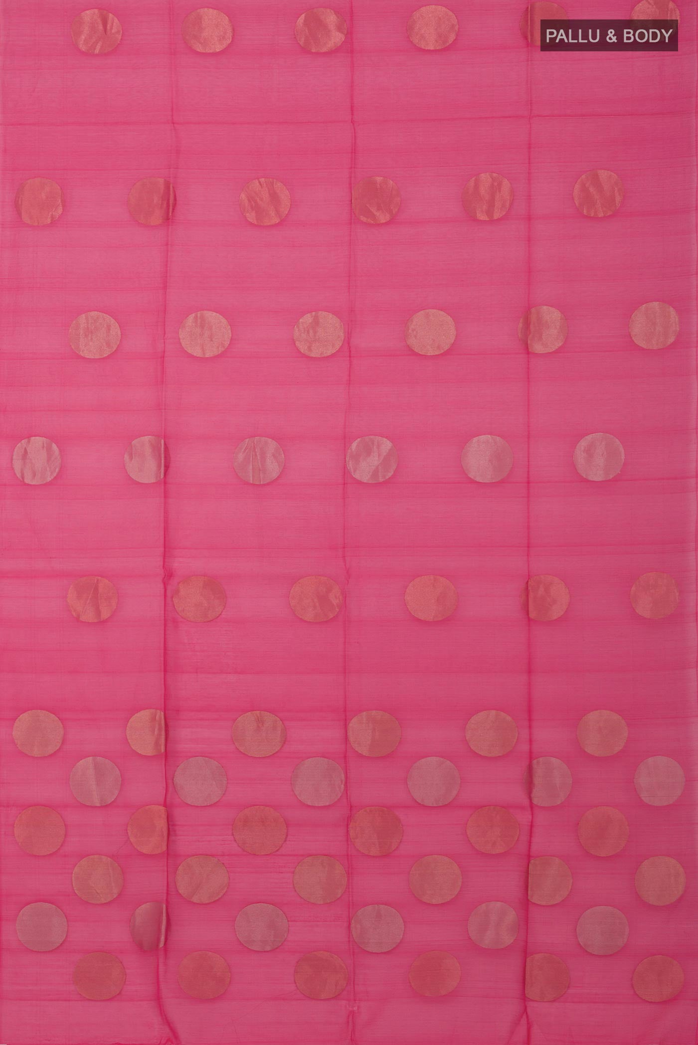 Flat view of Pink Silk Cotton Saree with Zari Butta on the body and Without Border. 